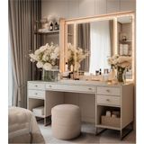 Gazzini Furniture Diana Slim Line Luxury Krem Puf Havlu Kumaş, Silindir, Dekoratif Makyaj Masası Pufu - 41 x 41 cm