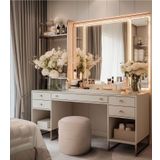 Gazzini Furniture Diana Slim Line Luxury Krem Puf Havlu Kumaş, Silindir, Dekoratif Makyaj Masası Pufu