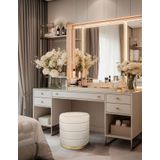 Gazzini Furniture Lungo Roller Gold Kaplama Pofuduk Puf Krem Silindir Makyaj Masası Puf Koltuğu