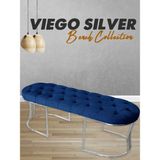 Gazzini Furniture Viego Silver Puf Lüks Metal Gümüş Ayak, Chester Model Yatak Ucu Mavi Bench - 45 x 140 cm