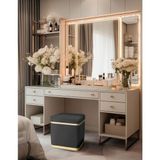 Gazzini Furniture Zengo Gold Twin Line Kare Puf Antrasit Kumaş Dekoratif Makyaj Masası Pufu - 45 x 45 cm