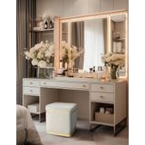 Gazzini Furniture Zengo Gold Twin Line Kare Puf Beyaz Kumaş Dekoratif Makyaj Masası Pufu