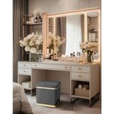Gazzini Furniture Zengo Gold Twin Line Kare Puf - Gri Kumaş, Dekoratif Makyaj Masası Pufu - 45 x 45 cm
