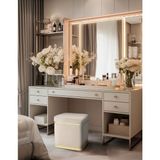 Gazzini Furniture Zengo Gold Twin Line Kare Puf Krem Kumaş Dekoratif Makyaj Masası Pufu - 45 x 45 cm