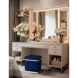 Gazzini Furniture Zengo Gold Twin Line Kare Puf - Mavi Kumaş, Dekoratif Makyaj Masası Pufu