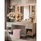Gazzini Furniture Zengo Gold Twin Line Kare Puf Pembe Kumaş Dekoratif Makyaj Masası Pufu - 45 x 45 cm