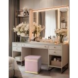 Gazzini Furniture Zengo Gold Twin Line Kare Puf Pembe Kumaş Dekoratif Makyaj Masası Pufu