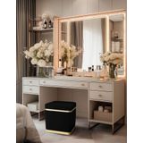 Gazzini Furniture Zengo Gold Twin Line Kare Puf Siyah Kumaş Dekoratif Makyaj Masası Pufu