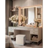Gazzini Furniture Zengo Silver Twin Line Kare Puf Krem Kumaş Dekoratif Makyaj Masası Pufu