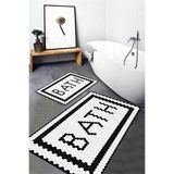 G&C HOME Dijital Baskılı Su Emici Bath Yazılı Çizgili İkili Banyo Paspası (40/60cm -60x100cm)