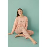Gd Goldoremi 50902-26 Kadın Çizgili Milan Kumaş Uzun Kol Pijama Takım
