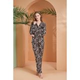 Gd Goldoremi Premium Seri Kadın Leopar Desenli Rahat Desenli Önden Düğmeli Uzun Kollu Pijama Takım
