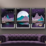 Gece Dolunay Renkli Dağlar Temalı Aynalı Çerçeveli 3 lü Kanvas Tablo Seti 150x70 cm SETS0240