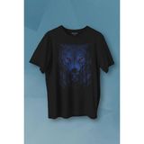 Gece Vahşi Ormada Bozkurt Bordo Maviz Gözlü Kurt Wolf Baskılı Tişört Unisex T-Shirt - Siyah - XL