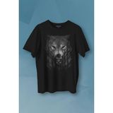 Gece Vahşi Ormada Bozkurt Bordo Maviz Gözlü Kurt Wolf Gri Baskılı Tişört Unisex T-shirt Siyah