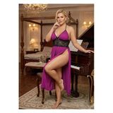 #Gecelik Dantelli Şık Saten Tasarım Plus Size Orkide Serisi Büyük Beden Mürdüm Çift Yırtmaçlı Gecelik