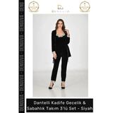 #Gecelik Kadife Siyah Lüks Esnek Likralı Şık Kadın Çeyizlik Sabahlık Gecelik Takım 3'Lü Set