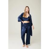 Gecelik Sabahlık Felicia Saten Büstiyer Pantolon Navy 3'lü Set