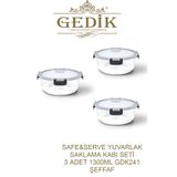 Gedik Glass Safe&Serve Yuvarlak Kilitli Cam Saklama Kabı Isıya Dayanıklı 3 Parça 1300cc Şeffaf Kapaklı