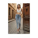 geenz manifacture Defne Kar Yıkama Açık Kar Mavi Yüksek Bel Dar Paça Skinny Likralı Kot Pantalon