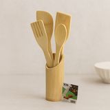 Gees Global Ahşap Bambu Mutfak Servis Seti 5 Parça (Kaşık, Çatal, 2 Spatula, Stand) 27.5/30 cm