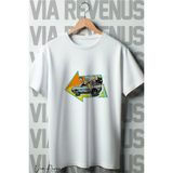 Geleceğe Dönüş Baskılı Oversize Geniş Kalıp Bisiklet Yaka Beyaz Tshirt