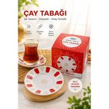 Geleneksel Kırmızı Desenli Altın Yaldızlı Porselen Çay Tabağı - Çapı 12 Cm Dayanıklı 6 Adet