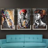 Geleneksel Kıyafetli Afrikalı Kadın Pastel Temalı Aynalı Çerçeveli 3 lü Kanvas Tablo Seti 150x70 cm SETS0036