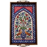 Geleneksel Kütahya Çini Desenli Ahşap Servis Tepsisi Anka, El Yapımı Seramik Yüzey, 42X27 Cm, - Çok Renkli - Standart