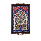 Geleneksel Kütahya Çini Desenli Ahşap Servis Tepsisi Anka, El Yapımı Seramik Yüzey, 42x27 cm, Dekoratif Sunum Tepsisi