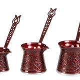 Geleneksel Türk Kahvesi Cezve Seti, 3 Boy Cezve, Büyük Orta Küçük (Kırmızı)