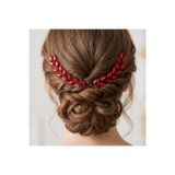 gelinmz Kırmızı Kristal Taşlı El Yapımı Gelin Saç Tarağı – Yaprak Desenli Bridal Hair Comb – Düğün, Nişan ve Kına Saç Aksesuarı