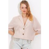 gelirr Krem Çift Düğmeli Oversize Crop Keten Ceket 0706