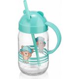 Genchome Homeware Çocuk Cam Pipetli Bardak 380 cc Kulplu Ayıcıklı Cam Su Bardağı Bpa Free Meyve Suyu Süt Içecek Bardağı - Mavi
