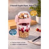GENCHOME HOMEWARE Yoğurt Granola Müsli Kabı 2 Hazneli Kaşıklı 200 ml + 600 ml Diyet Saklama ve Taşıma Kabı