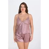 Genel Büyük Beden Dantel İşlemeli Vizon Saten Şort Takımı, 2XL, P492396S6322, VİZON, Kadın