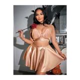 Genel Büyük Beden Deri Görünümlü Etekli Fantezi Takım, 2XL, P493394S6867, Gold, Kadın