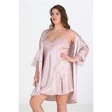 Genel Büyük Beden Saten Dantel İşlemeli Gecelik Sabahlık Takımı, 2XL, P492417S6769, PUDRA, kadın
