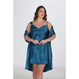 Genel Büyük Beden Saten Gecelik Sabahlık Takımı, 2XL, P492389S2532, PETROL, kadın