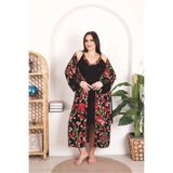 Genel Çiçek Desenli Dantel İşlemeli Viskon Gecelik Sabahlık Takım, 4XL, P493427S5159, Siyah, kadın