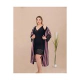 Genel Çizgi Desenli Dantel İşlemeli Viskon Gecelik Sabahlık Takımı, 4XL, P493430S1610, Siyah, kadın