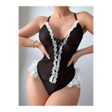 Genel Dantel İşlemeli Sırt Dekolteli Fantezi Body, S/M, P493095S2911, Siyah, Kadın