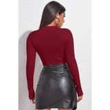 Genel Göğüs Dekolteli Uzun Kollu Cut Out Crop Top Bluz, S/M, IM-5046, Bordo, Kadın