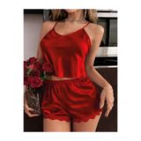 Genel İnce Askılı Dantel İşlemeli Saten Şortlu Pijama Takımı, L, P493415S7414, Kırmızı, kadın
