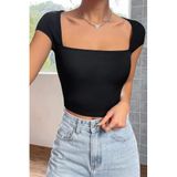 Genel Kare Yaka Yarım Kol Göğüs Dekolteli Crop Top Bluz, S/M, BRFİ-IM-5044, Siyah, Kadın