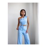 Genel Markalar Eloria Glow Çiçek Detaylı Tek Omuz Crop Bluz & Yüksek Bel Bol Paça Pantolon Takım – mavi
