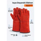 Genel Markalar Isıya Ve Çapağa Dayanıklı Kaynak Eldiveni - Kırmızı Süet Deri Gövdeli Uzun Konçlu Isı Eldiveni