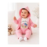 Genel Markalar Kız Bebek 3-12 Ay 3lü Takım, Uzun Kollu Ayıcık Desenli Çıtçıtlı Zıbın Body, Kapüşonlu Ceket, Uzun Alt Eşofman, Pamuklu