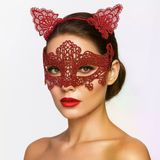 Genel Markalar Romantik Kırmızı Dantel Maske Seti – Kedi Kulaklı Taç ve Maske 3 No (4745)