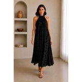 Genel Markalar Siyah Jakarlı Halter Yaka Boyundan Bağlamalı Salaş Maxi Elbise